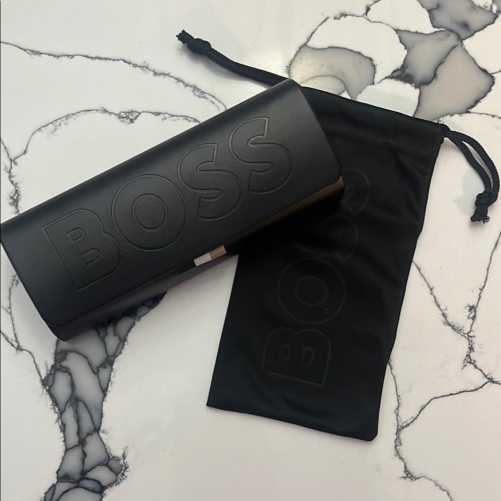Boss Black Sunglasses Case with Pull String Dust Bag